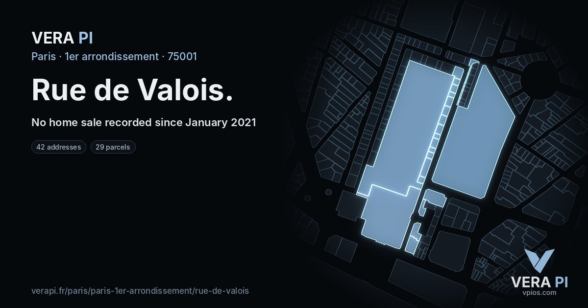 Rue de Valois, 1er arrondissement at night – every parcel coloured by the prices around it, the street's own parcels lit