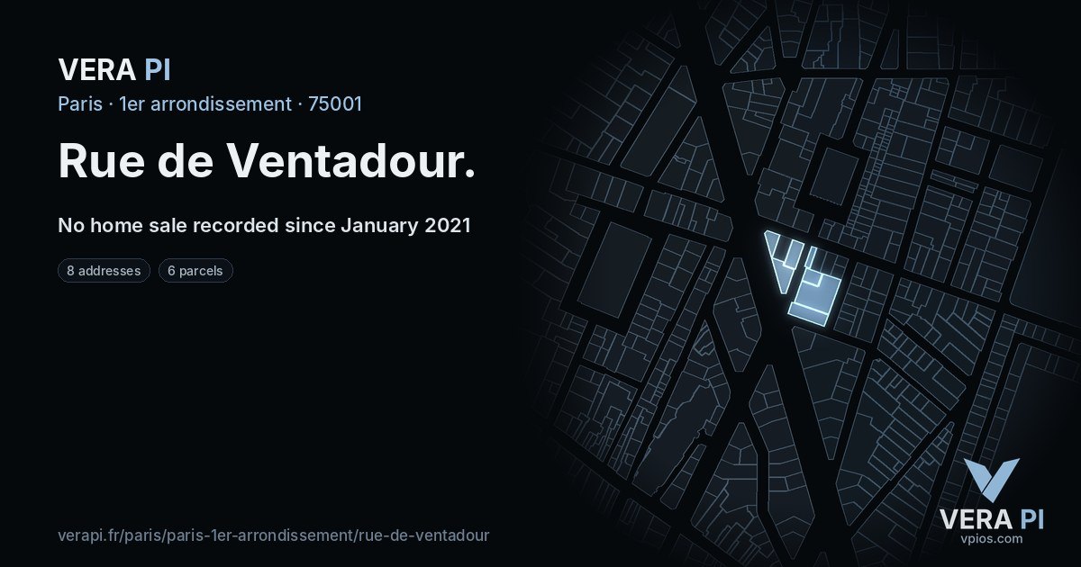 Rue de Ventadour, 1er arrondissement at night – every parcel coloured by the prices around it, the street's own parcels lit