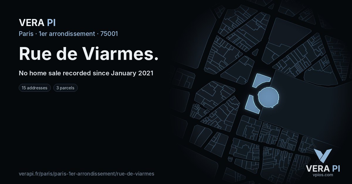 Rue de Viarmes, 1er arrondissement at night – every parcel coloured by the prices around it, the street's own parcels lit