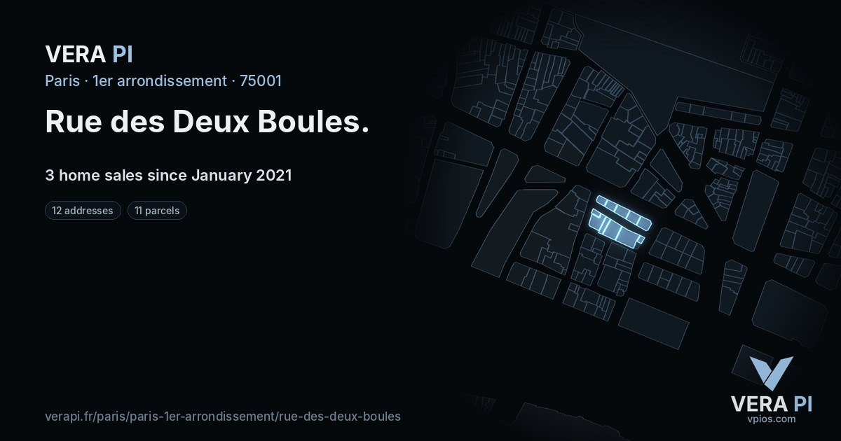 Rue des Deux Boules, 1er arrondissement at night – every parcel coloured by the prices around it, the street's own parcels lit