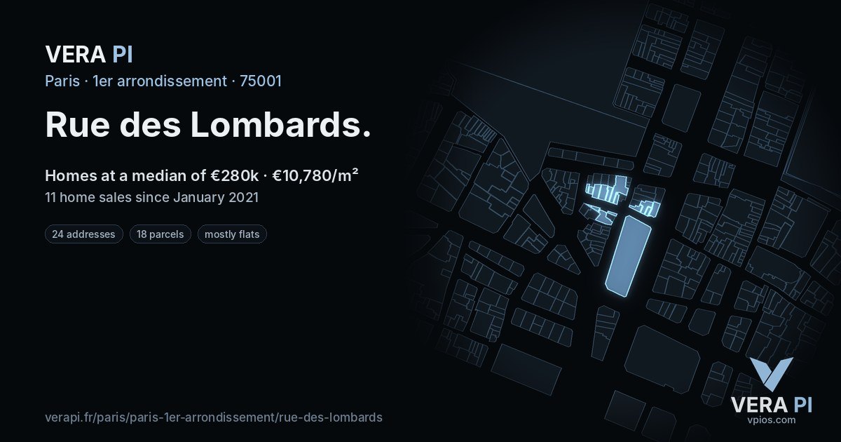Rue des Lombards, 1er arrondissement at night – every parcel coloured by the prices around it, the street's own parcels lit