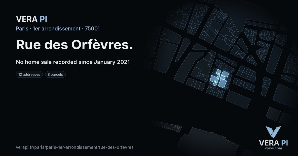 Rue des Orfèvres, 1er arrondissement at night – every parcel coloured by the prices around it, the street's own parcels lit