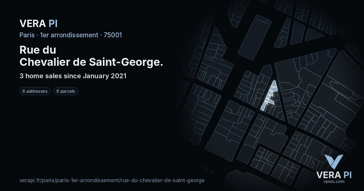 Rue du Chevalier de Saint-George, 1er arrondissement at night – every parcel coloured by the prices around it, the street's own parcels lit