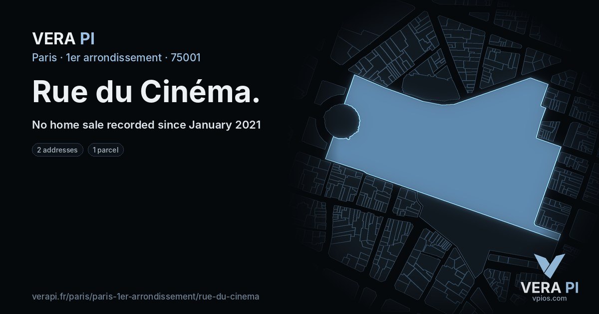 Rue du Cinéma, 1er arrondissement at night – every parcel coloured by the prices around it, the street's own parcels lit