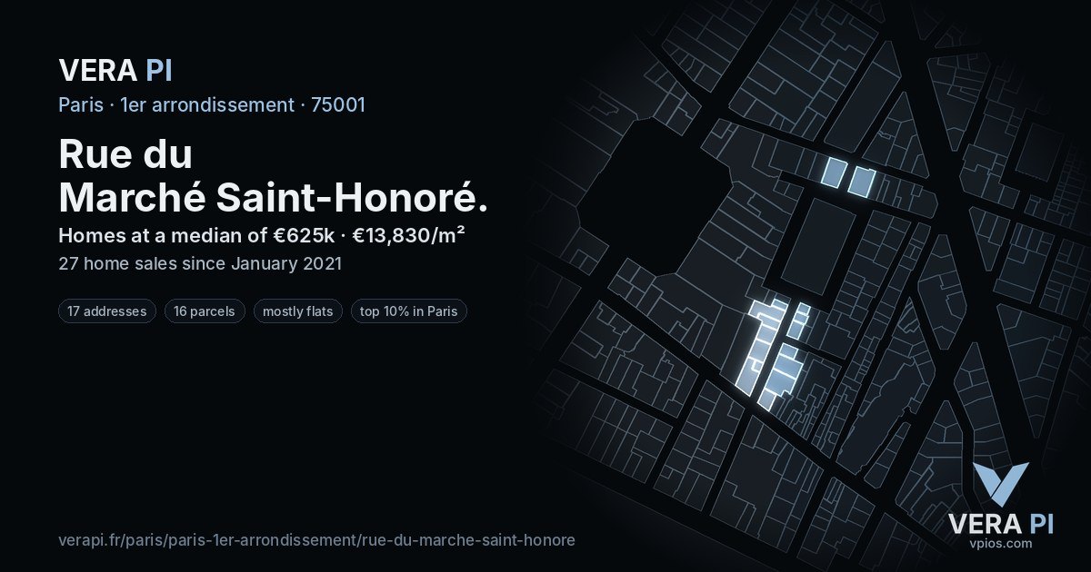 Rue du Marché Saint-Honoré, 1er arrondissement at night – every parcel coloured by the prices around it, the street's own parcels lit