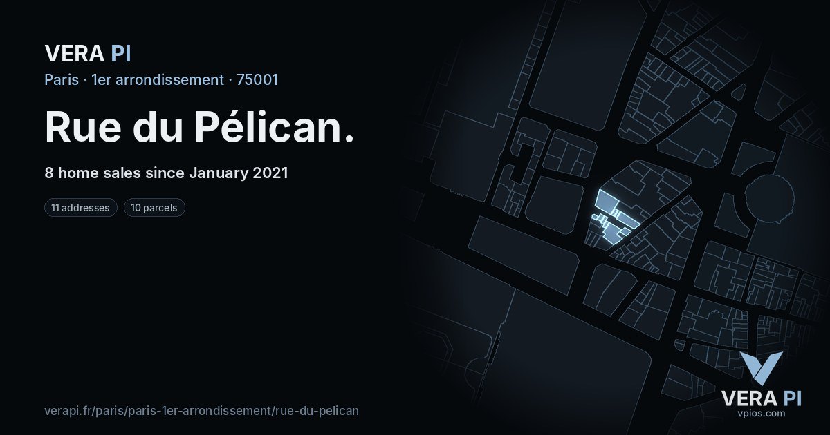 Rue du Pélican, 1er arrondissement at night – every parcel coloured by the prices around it, the street's own parcels lit