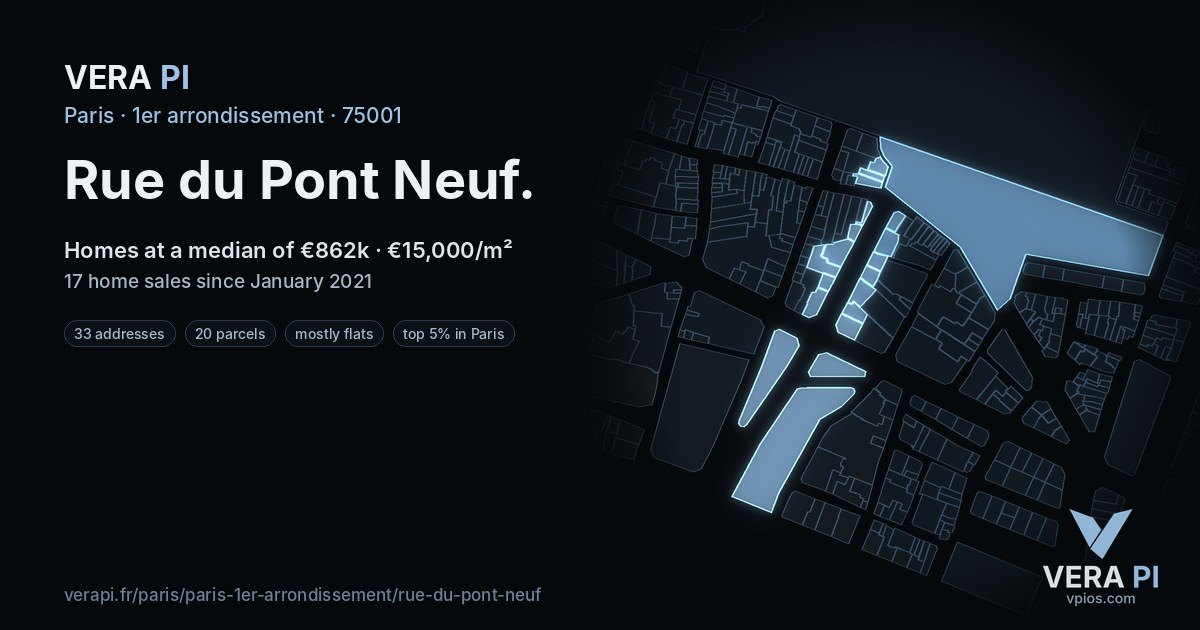 Rue du Pont Neuf, 1er arrondissement at night – every parcel coloured by the prices around it, the street's own parcels lit