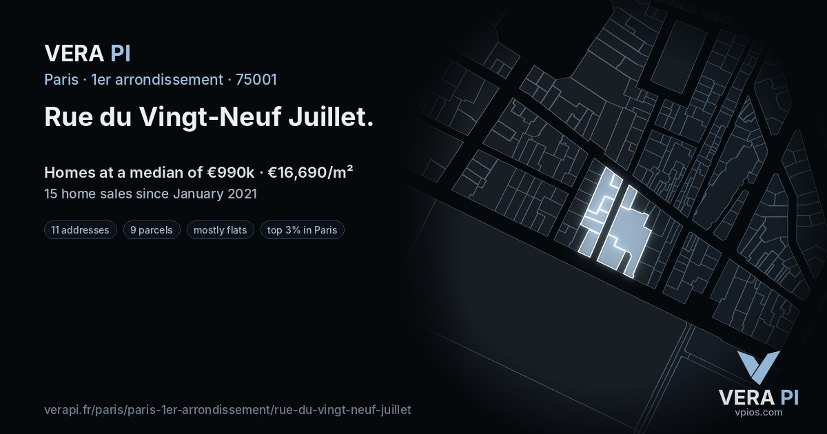 Rue du Vingt-Neuf Juillet, 1er arrondissement at night – every parcel coloured by the prices around it, the street's own parcels lit