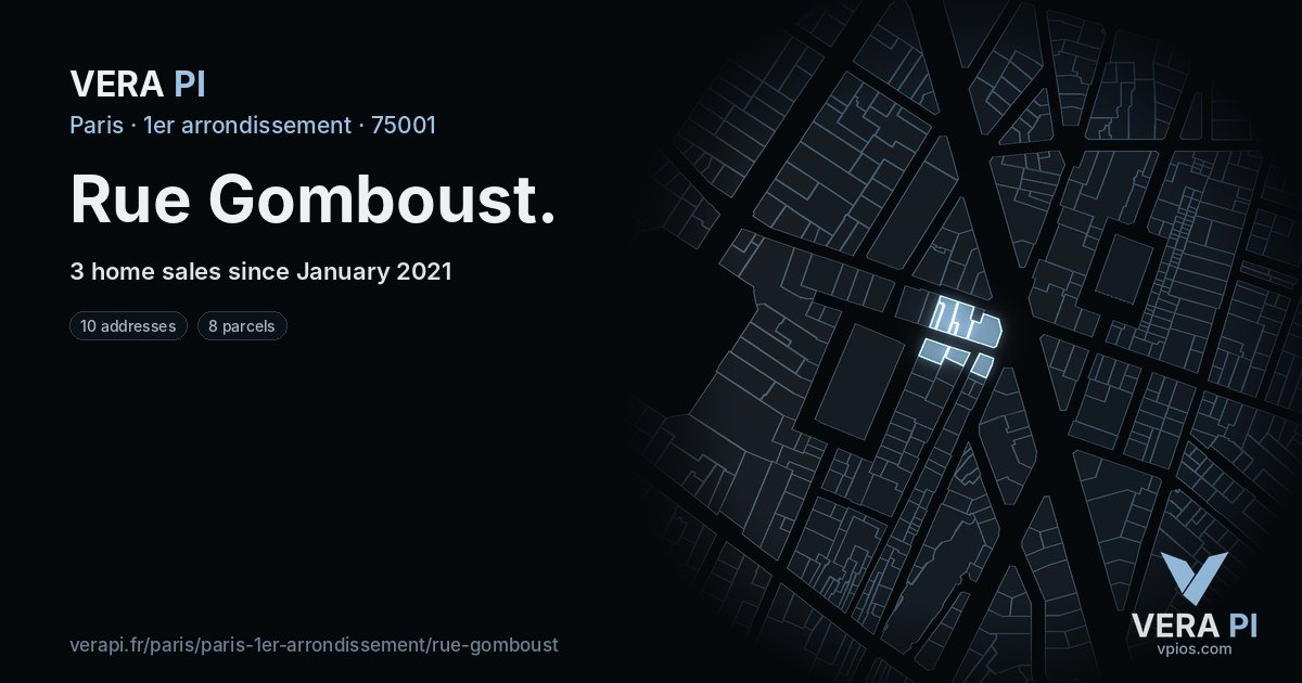 Rue Gomboust, 1er arrondissement at night – every parcel coloured by the prices around it, the street's own parcels lit