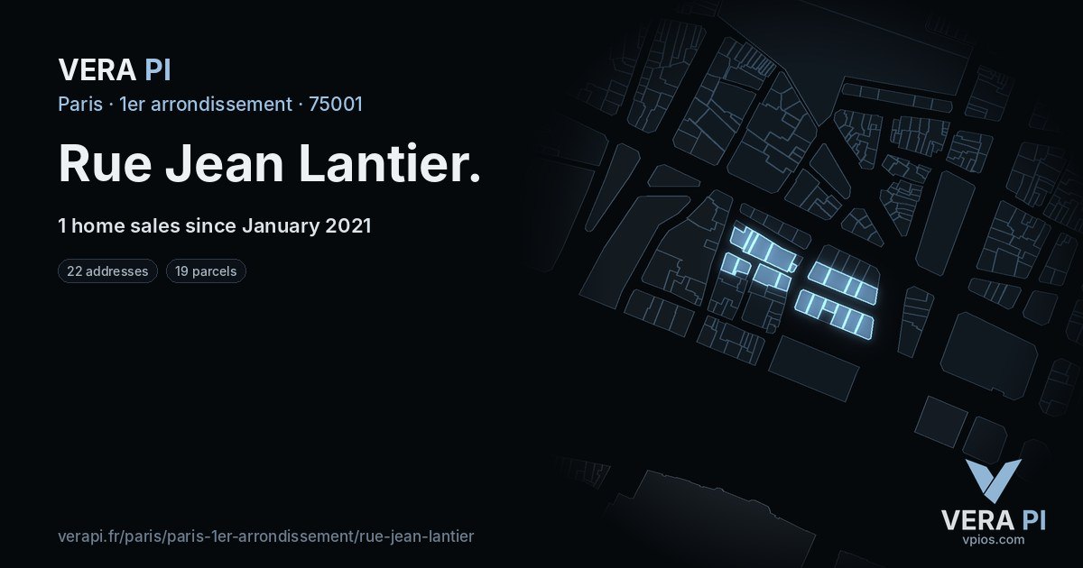 Rue Jean Lantier, 1er arrondissement at night – every parcel coloured by the prices around it, the street's own parcels lit