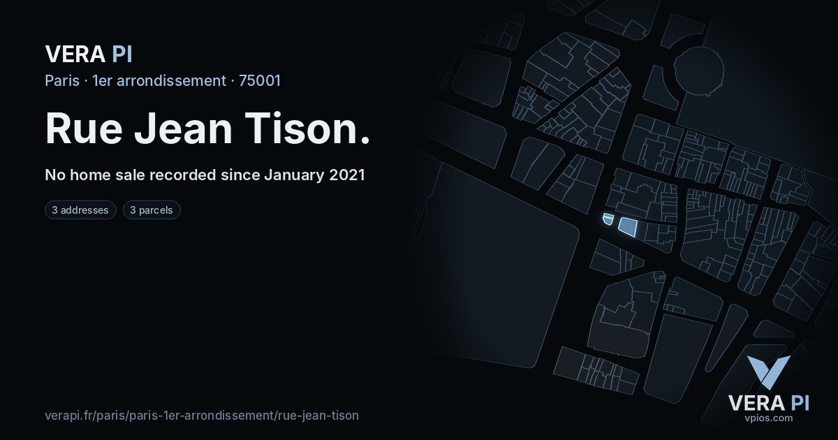 Rue Jean Tison, 1er arrondissement at night – every parcel coloured by the prices around it, the street's own parcels lit