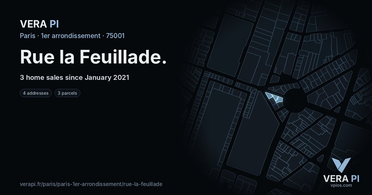 Rue la Feuillade, 1er arrondissement at night – every parcel coloured by the prices around it, the street's own parcels lit