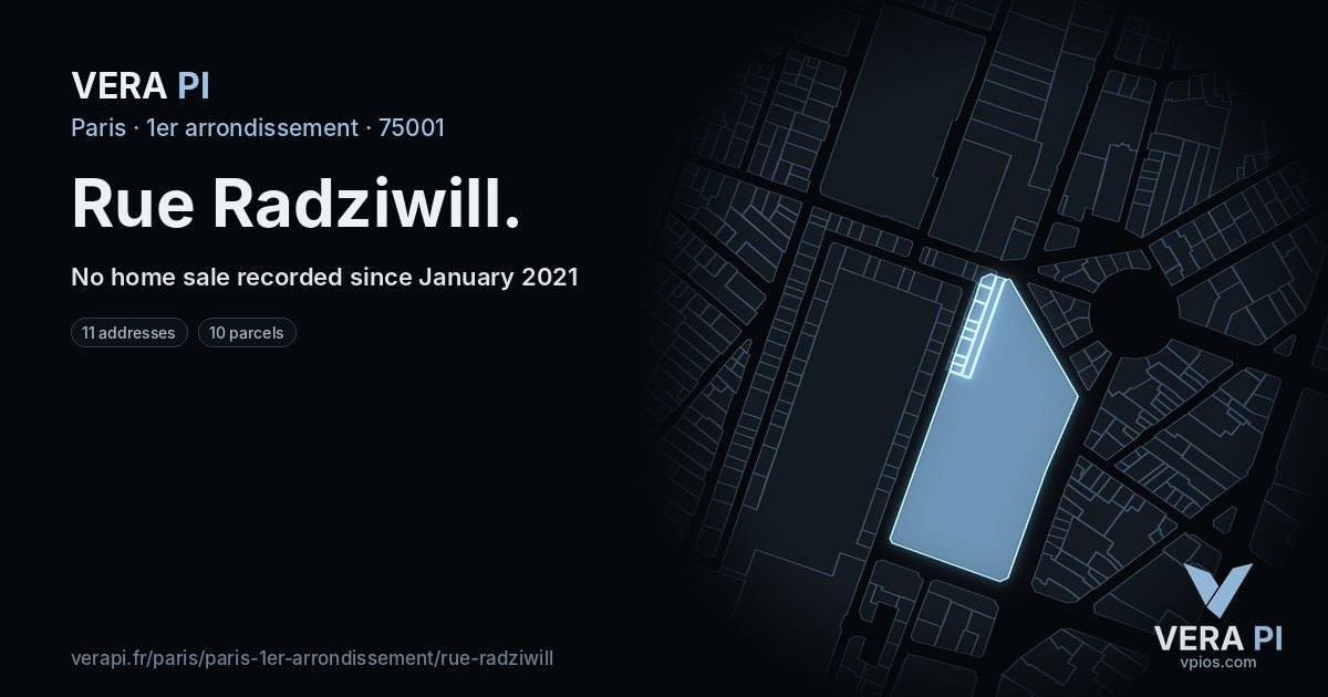 Rue Radziwill, 1er arrondissement at night – every parcel coloured by the prices around it, the street's own parcels lit