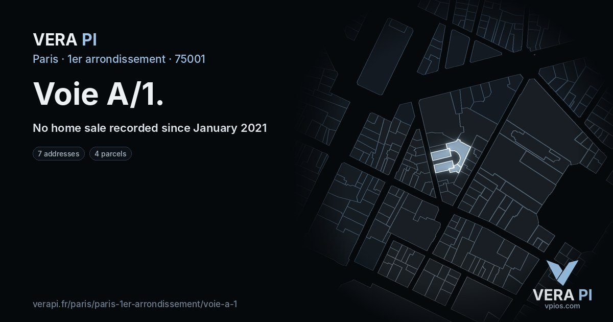 Voie A/1, 1er arrondissement at night – every parcel coloured by the prices around it, the street's own parcels lit
