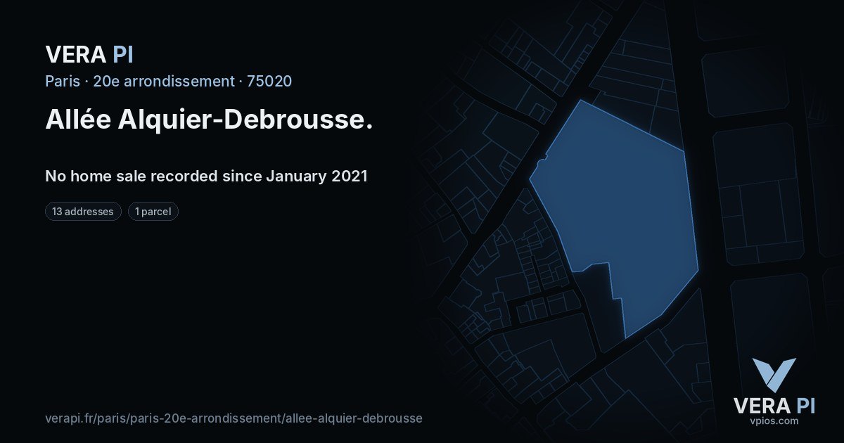 Allée Alquier-Debrousse, 20e arrondissement at night – every parcel coloured by the prices around it, the street's own parcels lit