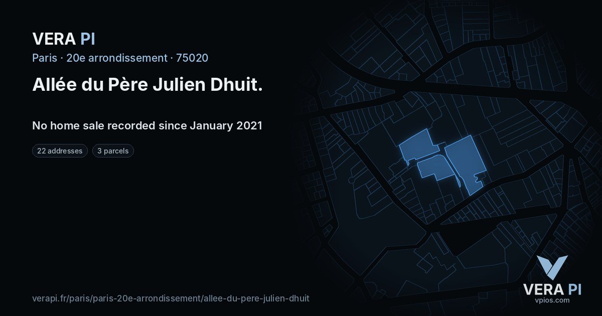 Allée du Père Julien Dhuit, 20e arrondissement at night – every parcel coloured by the prices around it, the street's own parcels lit