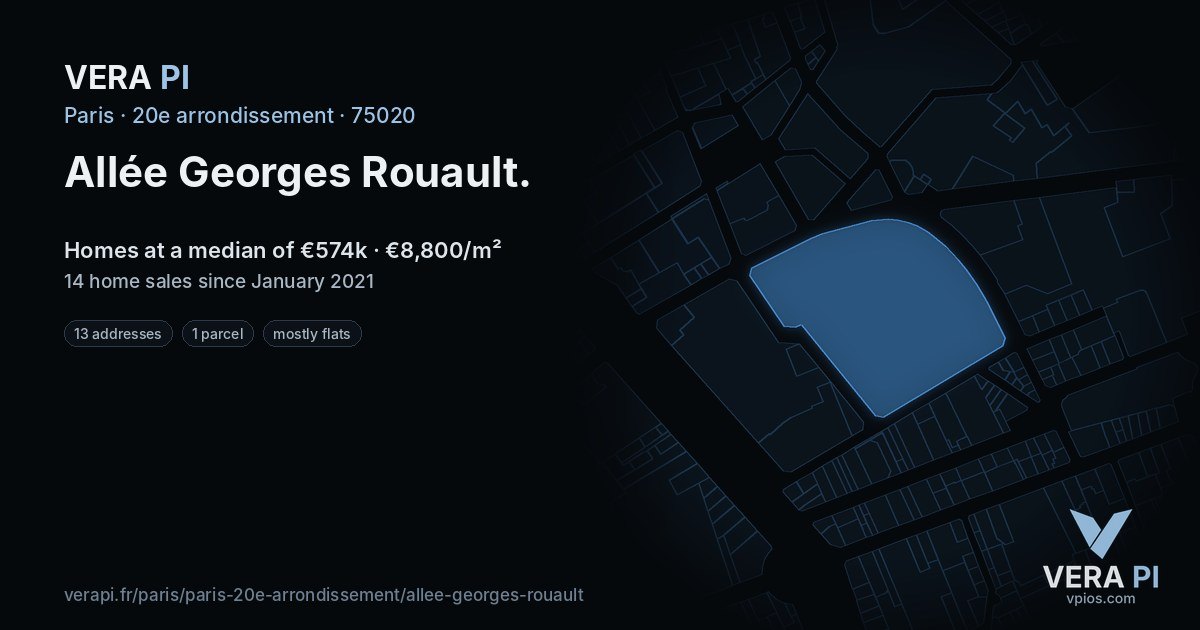 Allée Georges Rouault, 20e arrondissement at night – every parcel coloured by the prices around it, the street's own parcels lit