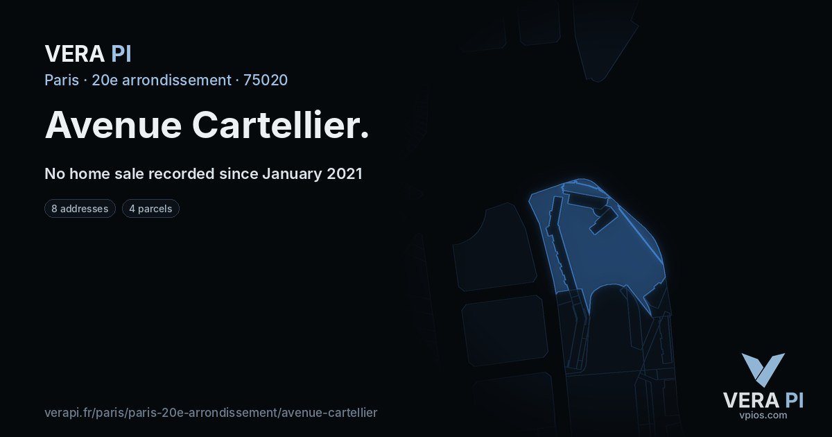 Avenue Cartellier, 20e arrondissement at night – every parcel coloured by the prices around it, the street's own parcels lit