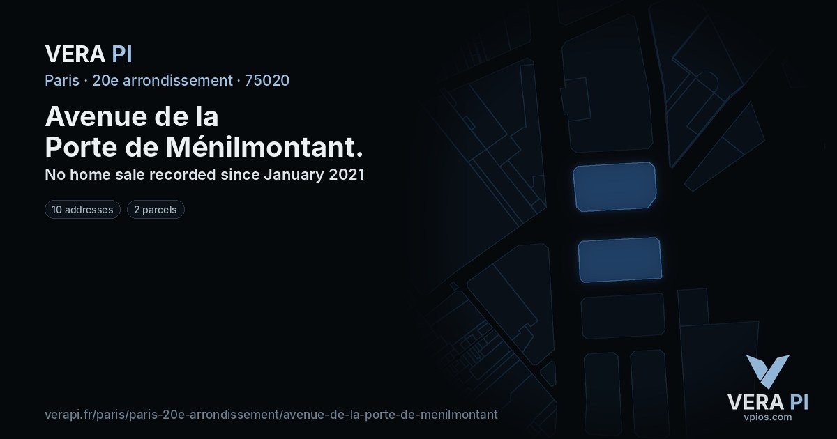 Avenue de la Porte de Ménilmontant, 20e arrondissement at night – every parcel coloured by the prices around it, the street's own parcels lit