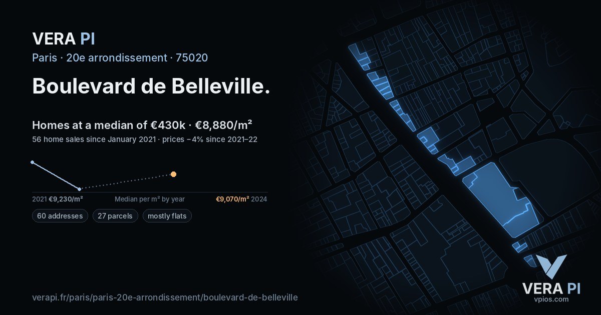 Boulevard de Belleville, 20e arrondissement at night – every parcel coloured by the prices around it, the street's own parcels lit