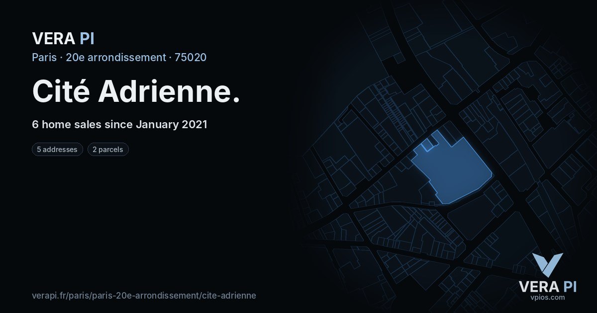 Cité Adrienne, 20e arrondissement at night – every parcel coloured by the prices around it, the street's own parcels lit