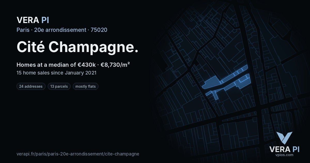 Cité Champagne, 20e arrondissement at night – every parcel coloured by the prices around it, the street's own parcels lit