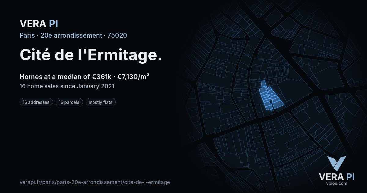 Cité de l'Ermitage, 20e arrondissement at night – every parcel coloured by the prices around it, the street's own parcels lit
