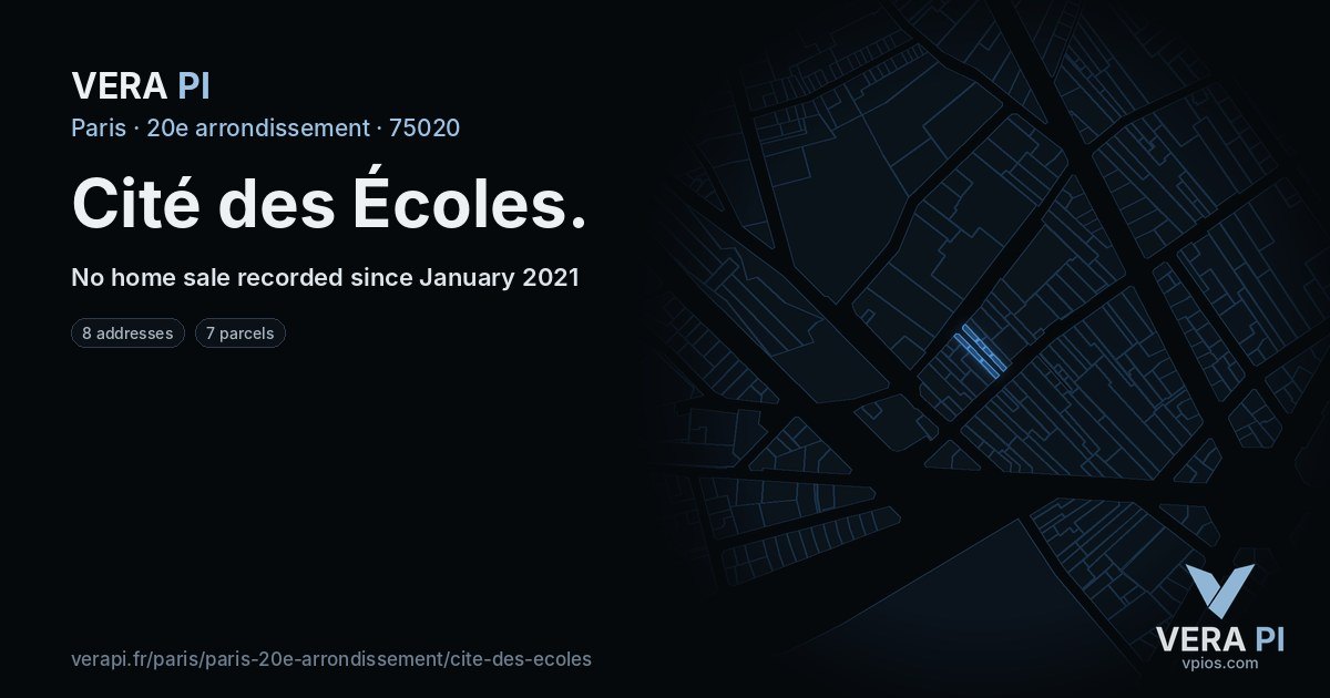 Cité des Écoles, 20e arrondissement at night – every parcel coloured by the prices around it, the street's own parcels lit