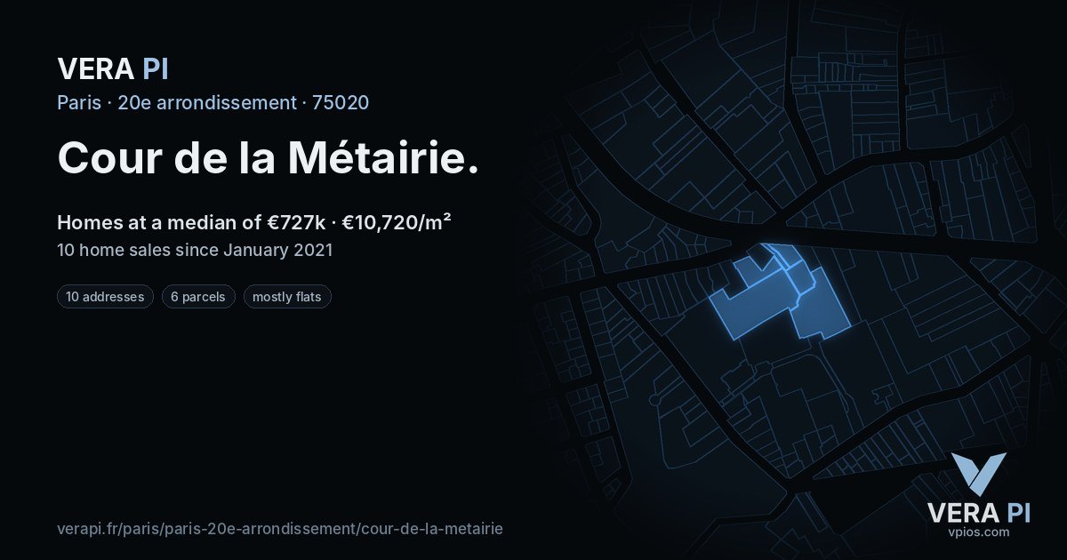 Cour de la Métairie, 20e arrondissement at night – every parcel coloured by the prices around it, the street's own parcels lit