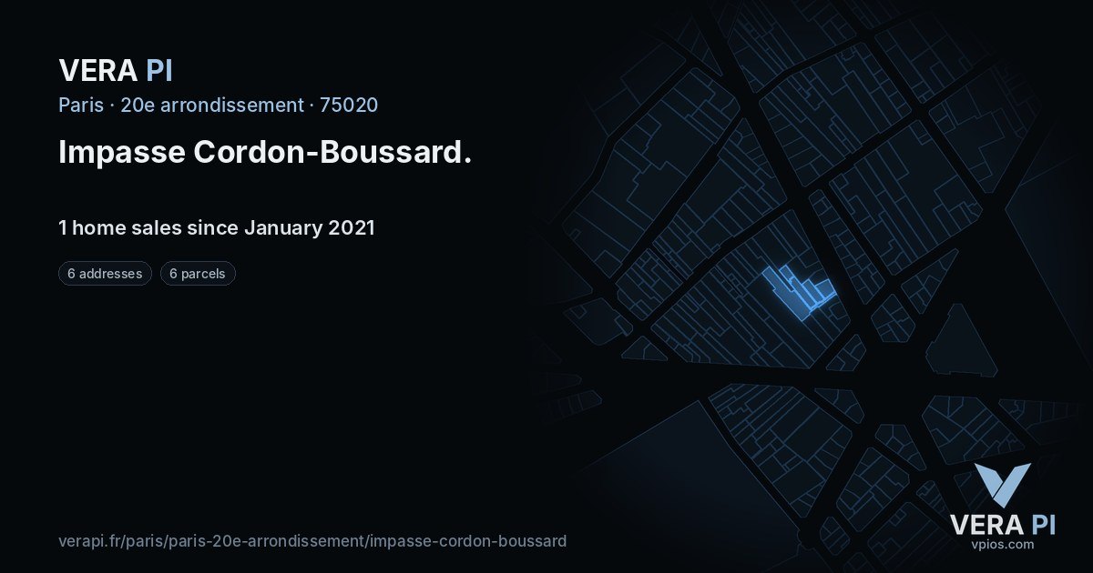 Impasse Cordon-Boussard, 20e arrondissement at night – every parcel coloured by the prices around it, the street's own parcels lit