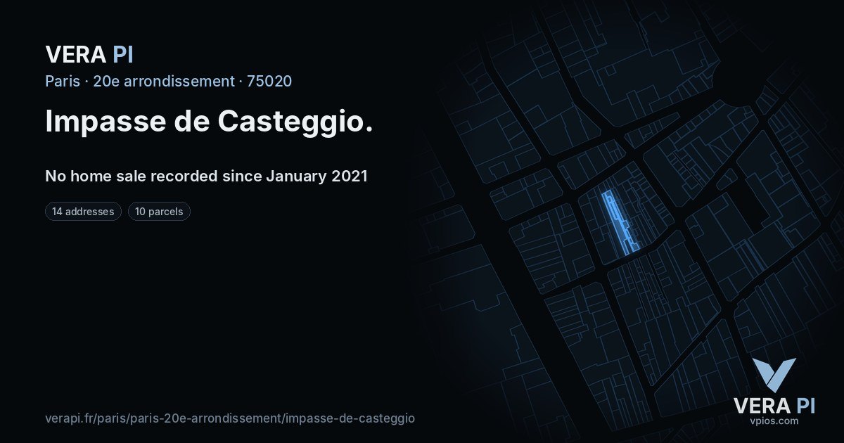 Impasse de Casteggio, 20e arrondissement at night – every parcel coloured by the prices around it, the street's own parcels lit