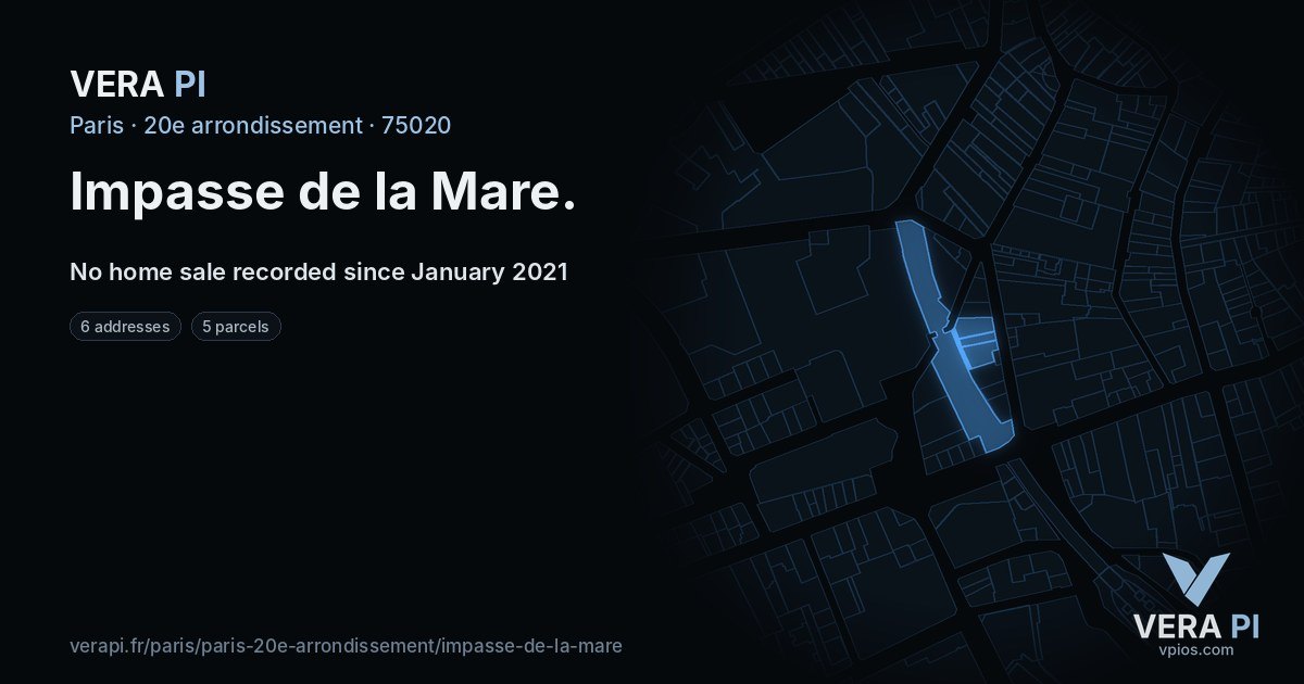 Impasse de la Mare, 20e arrondissement at night – every parcel coloured by the prices around it, the street's own parcels lit