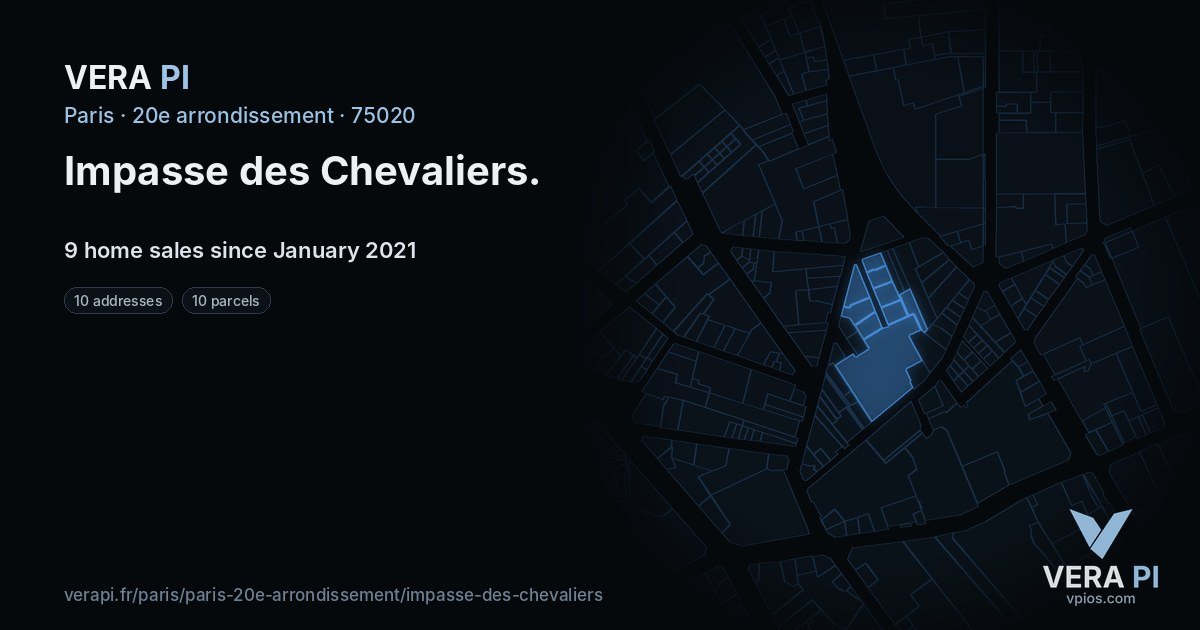Impasse des Chevaliers, 20e arrondissement at night – every parcel coloured by the prices around it, the street's own parcels lit