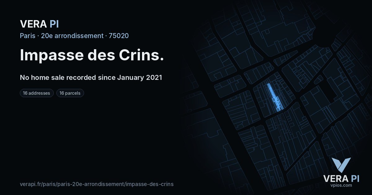 Impasse des Crins, 20e arrondissement at night – every parcel coloured by the prices around it, the street's own parcels lit