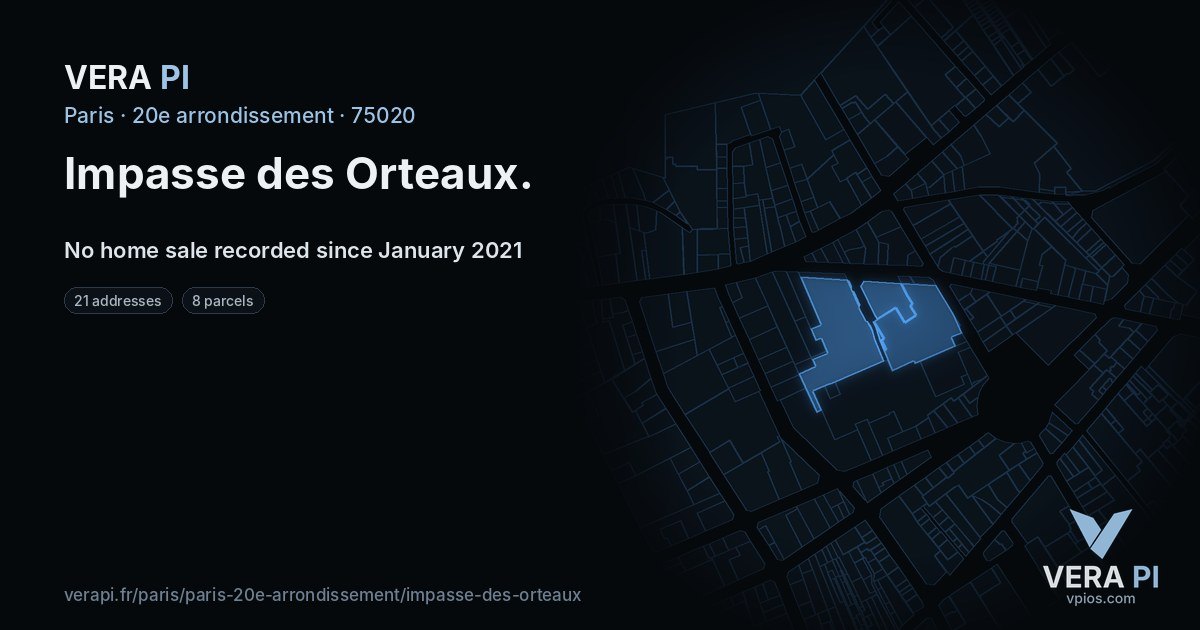 Impasse des Orteaux, 20e arrondissement at night – every parcel coloured by the prices around it, the street's own parcels lit