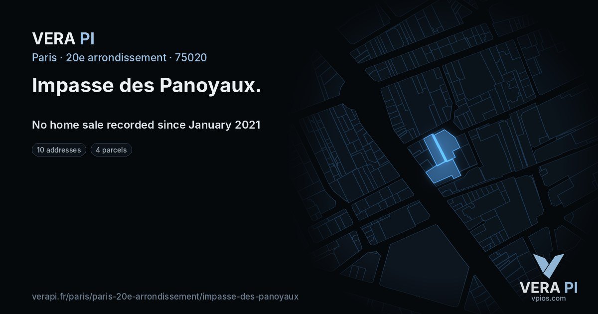 Impasse des Panoyaux, 20e arrondissement at night – every parcel coloured by the prices around it, the street's own parcels lit