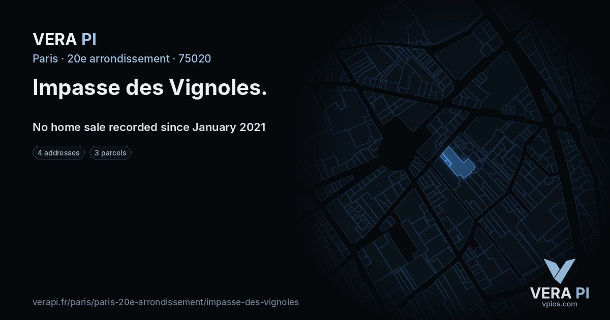 Impasse des Vignoles, 20e arrondissement at night – every parcel coloured by the prices around it, the street's own parcels lit
