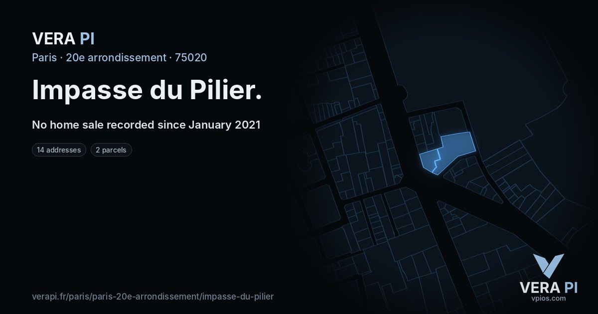 Impasse du Pilier, 20e arrondissement at night – every parcel coloured by the prices around it, the street's own parcels lit