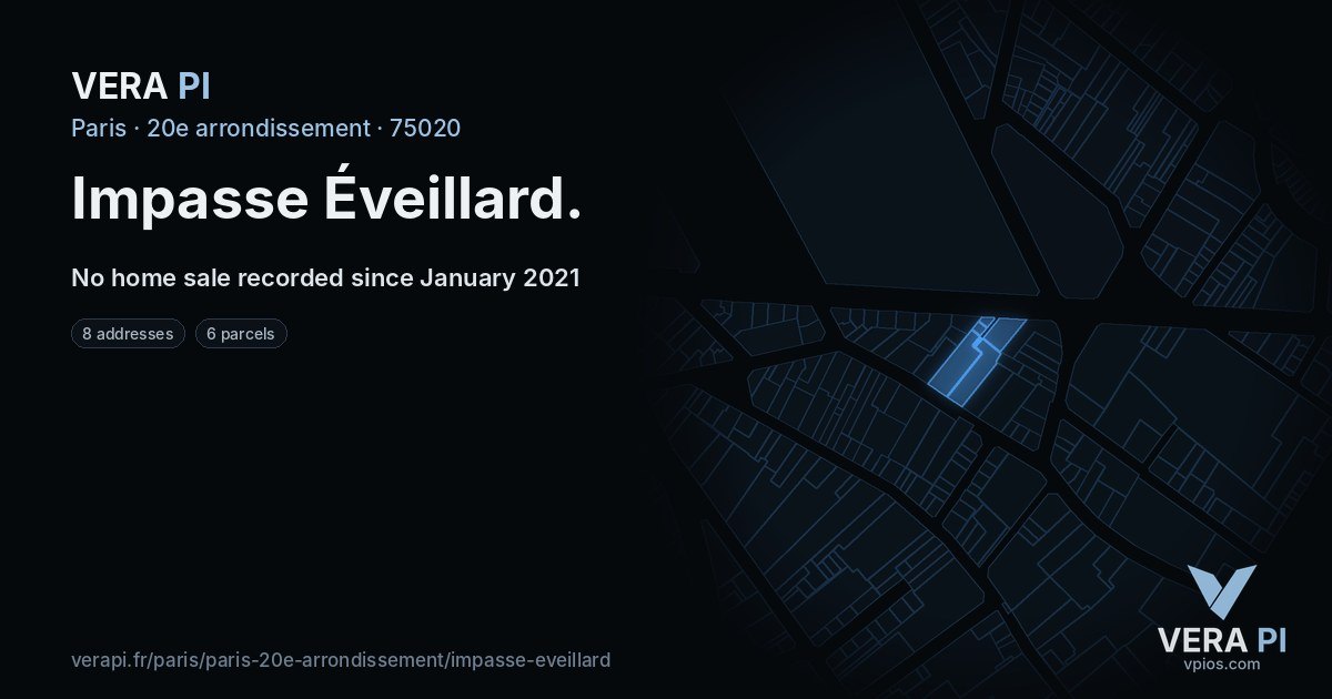Impasse Éveillard, 20e arrondissement at night – every parcel coloured by the prices around it, the street's own parcels lit