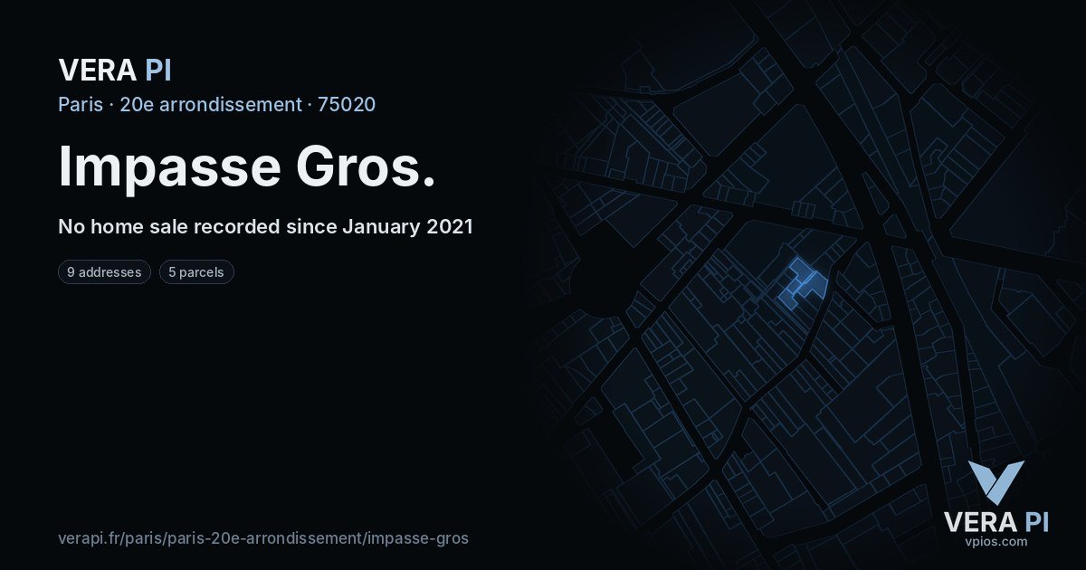 Impasse Gros, 20e arrondissement at night – every parcel coloured by the prices around it, the street's own parcels lit