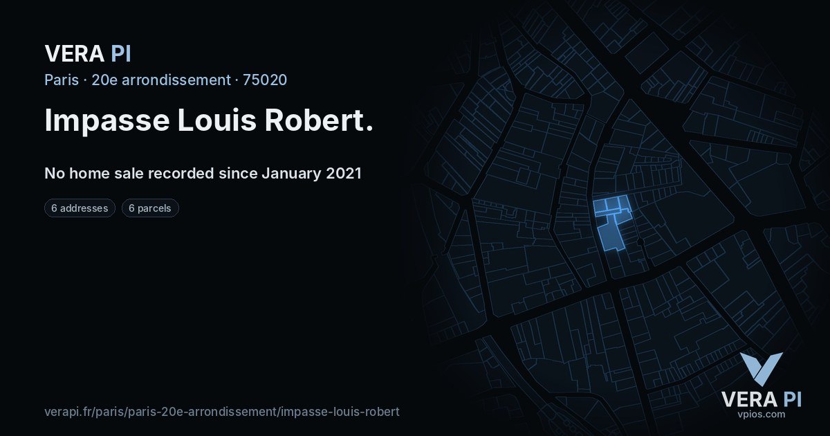 Impasse Louis Robert, 20e arrondissement at night – every parcel coloured by the prices around it, the street's own parcels lit