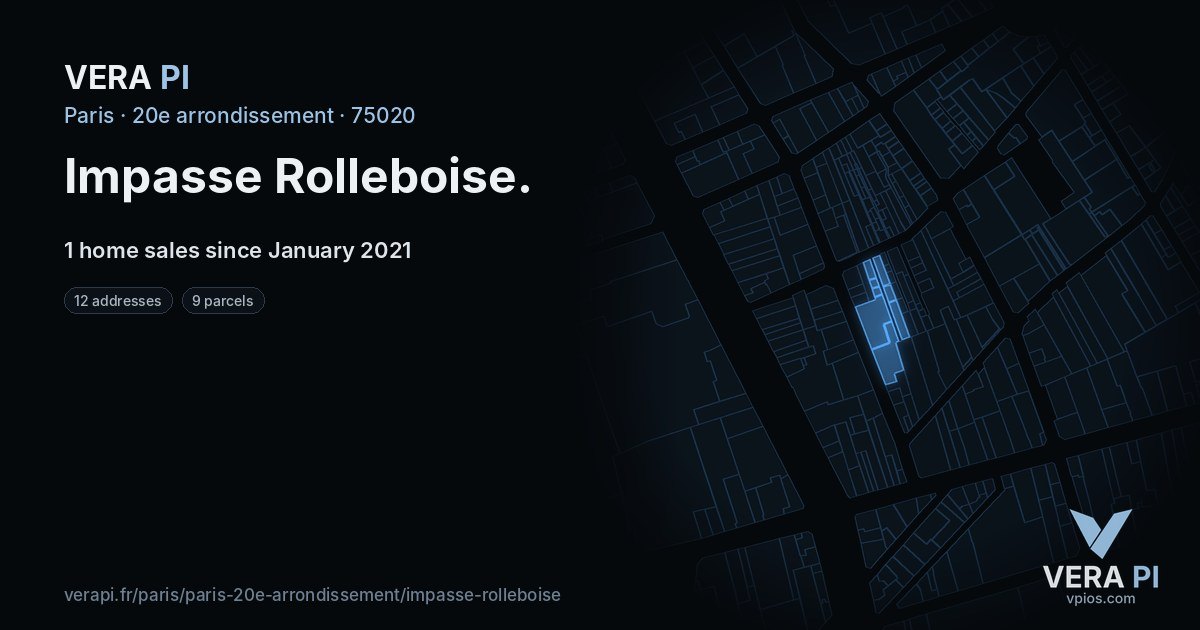 Impasse Rolleboise, 20e arrondissement at night – every parcel coloured by the prices around it, the street's own parcels lit