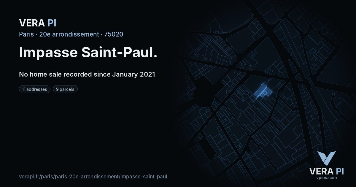 Impasse Saint-Paul, 20e arrondissement at night – every parcel coloured by the prices around it, the street's own parcels lit