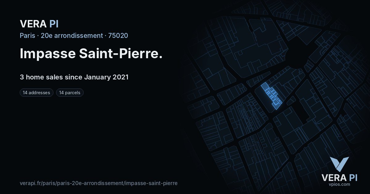 Impasse Saint-Pierre, 20e arrondissement at night – every parcel coloured by the prices around it, the street's own parcels lit