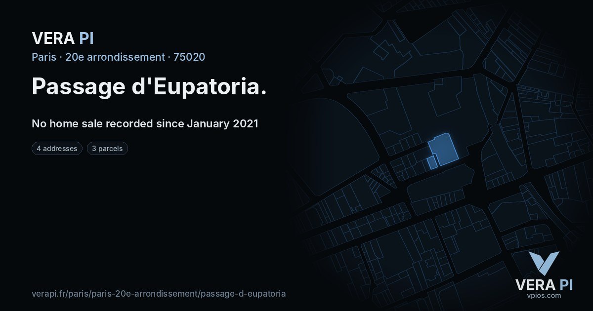 Passage d'Eupatoria, 20e arrondissement at night – every parcel coloured by the prices around it, the street's own parcels lit