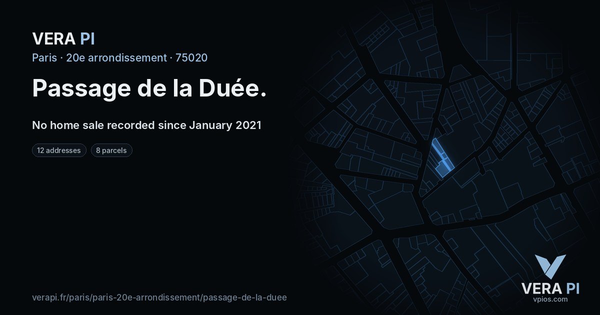 Passage de la Duée, 20e arrondissement at night – every parcel coloured by the prices around it, the street's own parcels lit