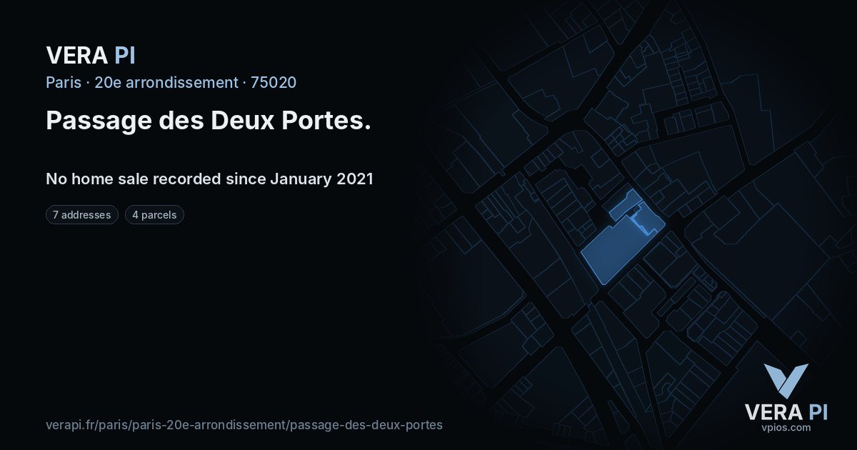 Passage des Deux Portes, 20e arrondissement at night – every parcel coloured by the prices around it, the street's own parcels lit