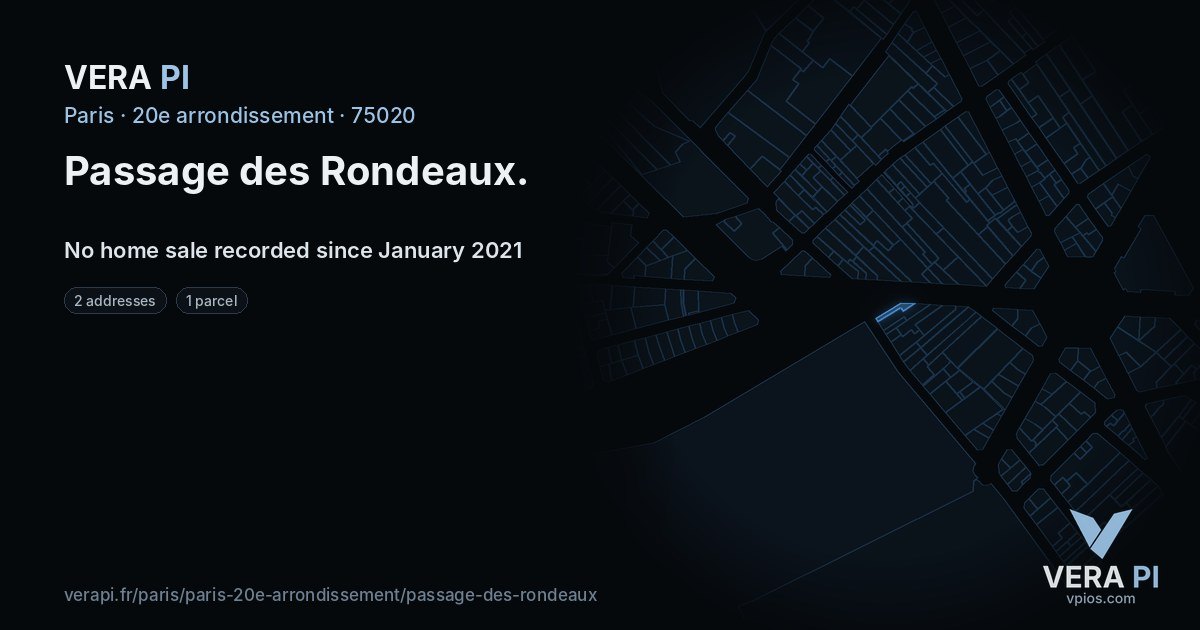 Passage des Rondeaux, 20e arrondissement at night – every parcel coloured by the prices around it, the street's own parcels lit