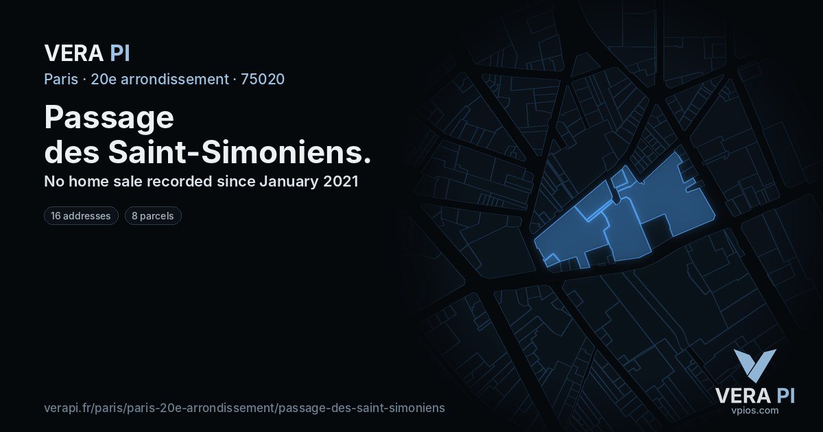 Passage des Saint-Simoniens, 20e arrondissement at night – every parcel coloured by the prices around it, the street's own parcels lit