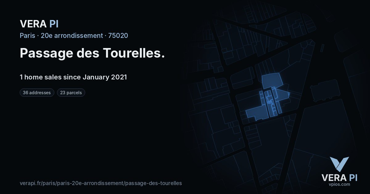 Passage des Tourelles, 20e arrondissement at night – every parcel coloured by the prices around it, the street's own parcels lit